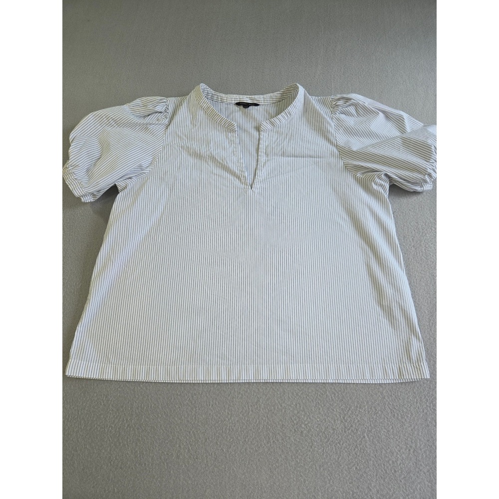 Banana Republic Blouse Women XL‎ White Blue Pinstripe Puff Sleeve Split Neck Top